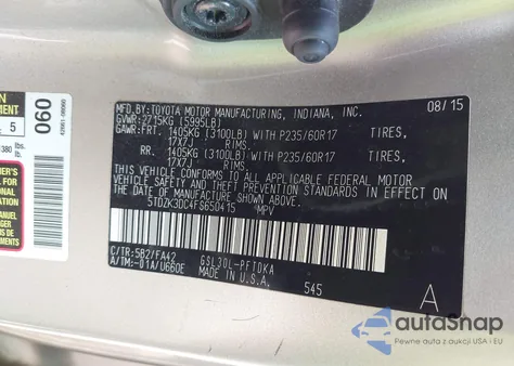 2015 Toyota Sienna L 7 Passenger z USA, uszkodzony, nr VIN 5TDZK3DC4FS650415